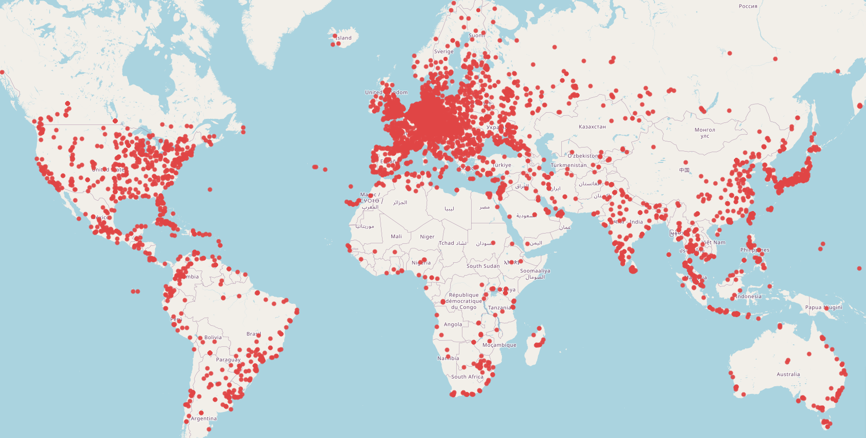 Pohled na zobrazení zoologických zahrad v databázi OpenStreetMap